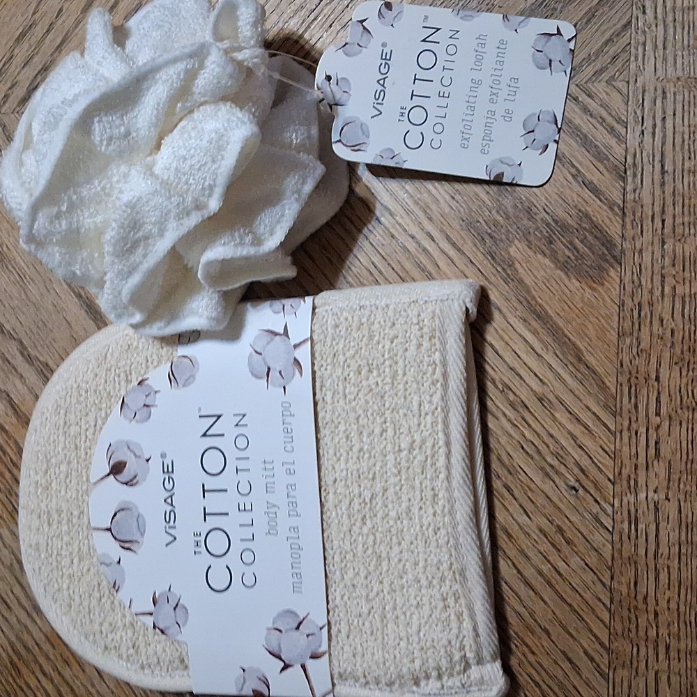 Sage Cotton Collection Bath Mitt and Loofah Set - Cream